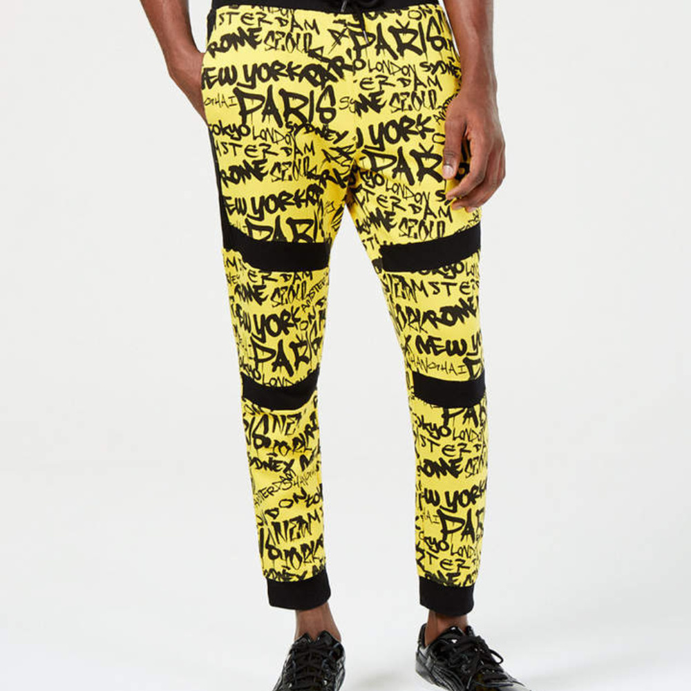 NWOT Men's INC. Graffiti Yellow and Black Joggers